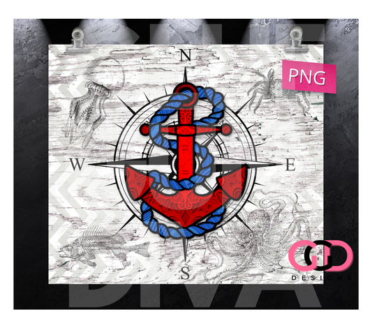 Red Blue Anchor - Digital tumbler wrap for 20 oz skinny straight tumbler