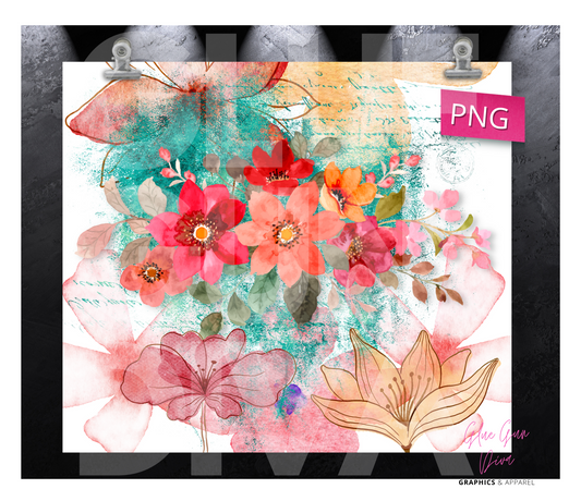 Fall Flower Decoupage - Digital tumbler wrap for 20 oz skinny straight tumbler