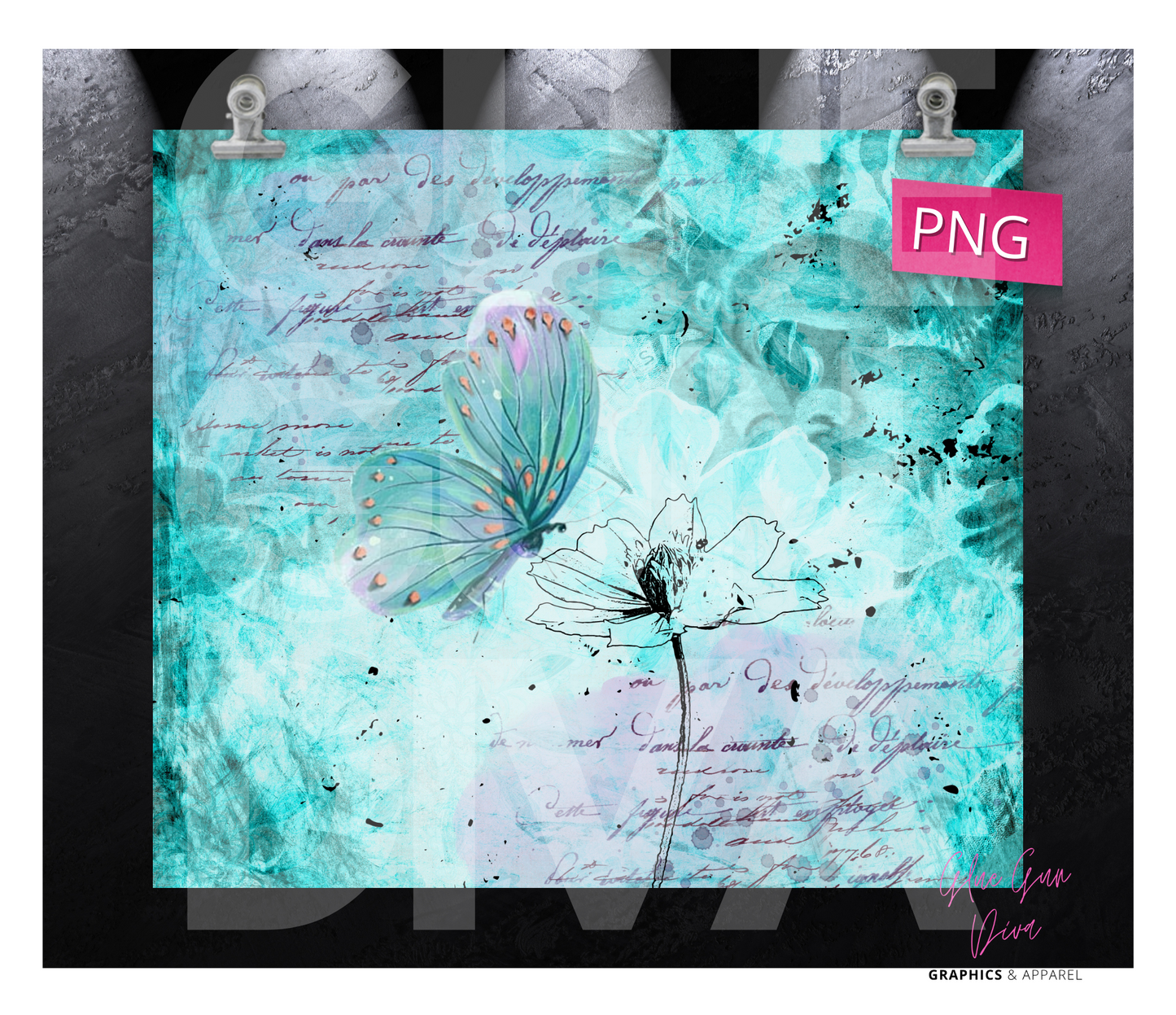 Mixed media teal butterfly- Digital tumbler wrap for 20 oz skinny straight tumbler