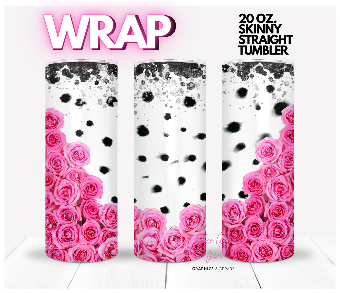 Pink Roses and Dots - Digital tumbler wrap for 20 oz skinny straight tumbler