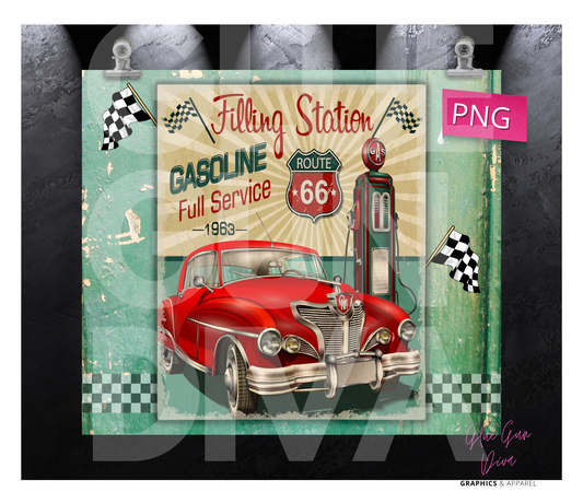 Filling station red vintage car - Digital tumbler wrap for 20 oz skinny straight tumbler