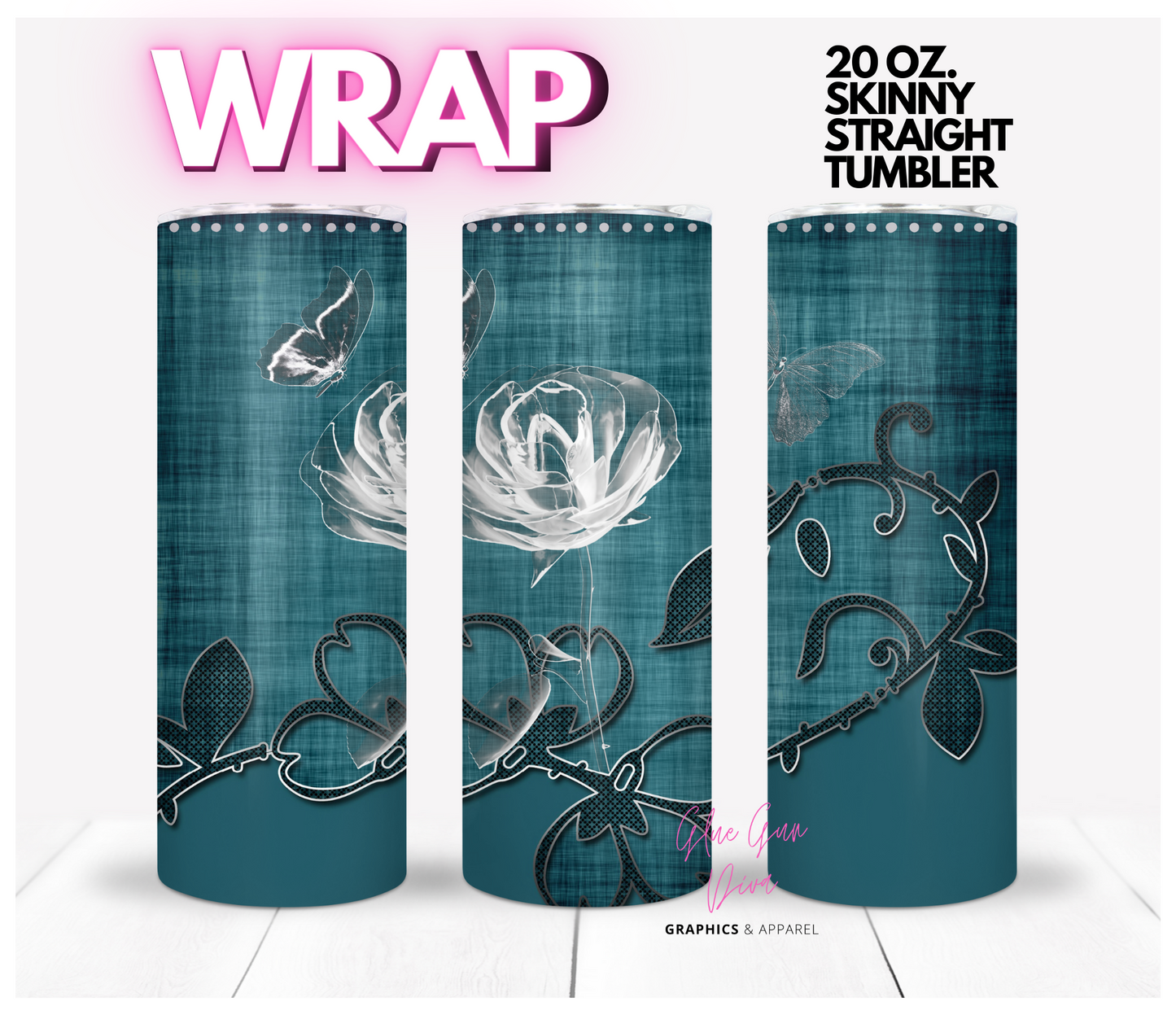 Crystal Rose Teal- Digital tumbler wrap for 20 oz skinny straight tumbler