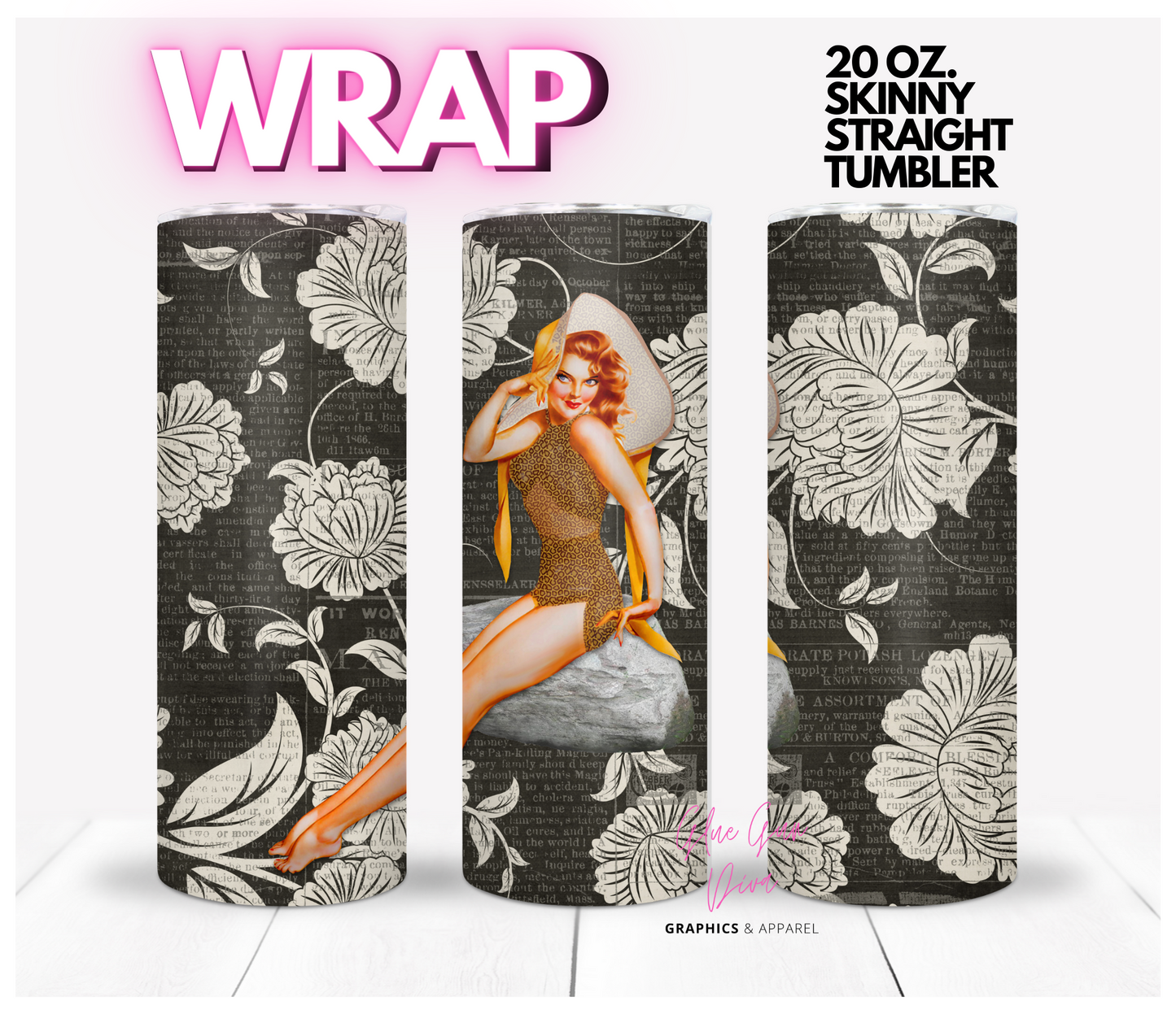 Pin up girl with Hat - Digital tumbler wrap for 20 oz skinny straight tumbler