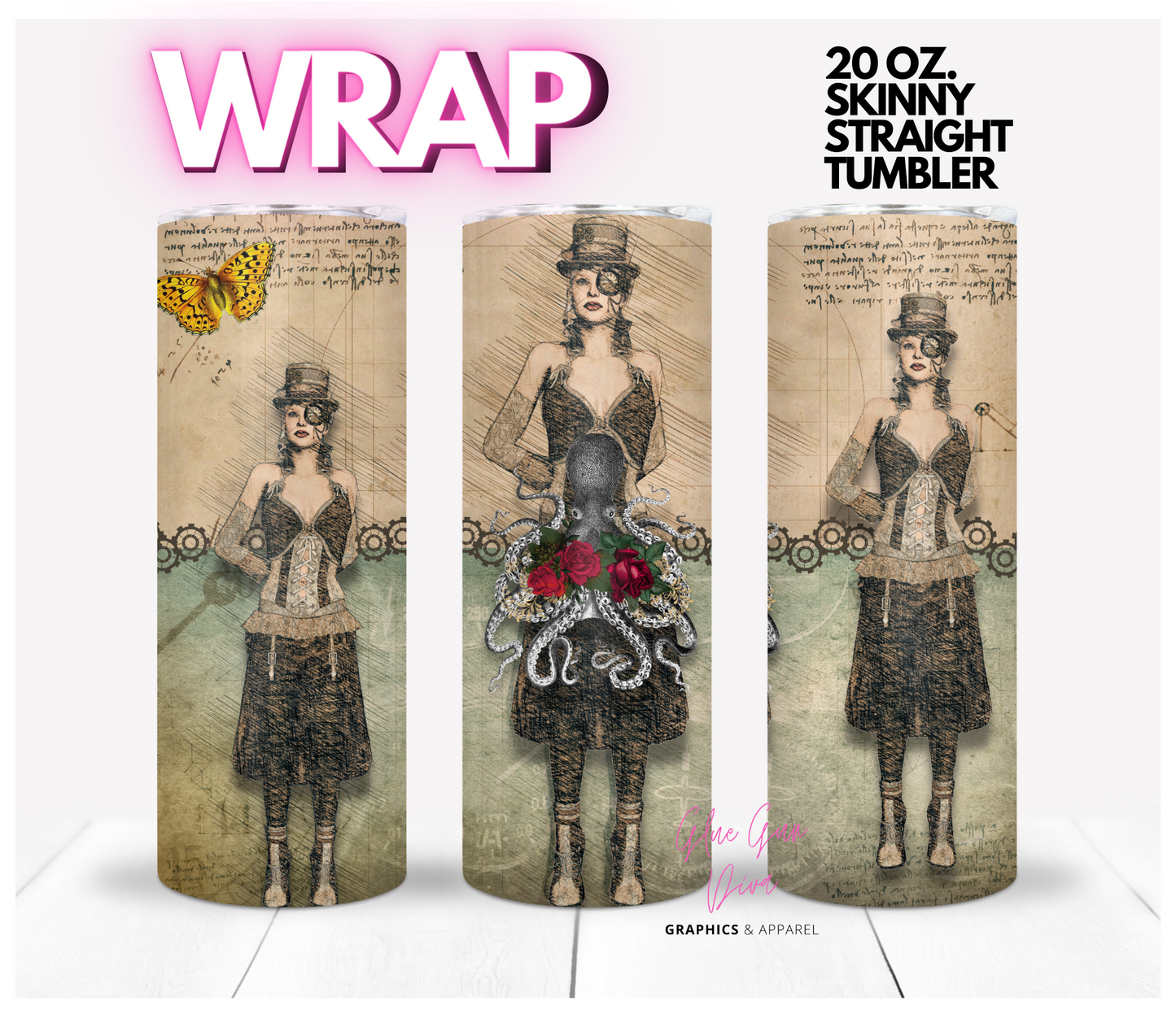 Steampunk triplets- Digital tumbler wrap for 20 oz skinny straight tumbler
