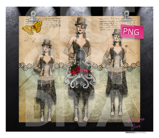 Steampunk triplets- Digital tumbler wrap for 20 oz skinny straight tumbler
