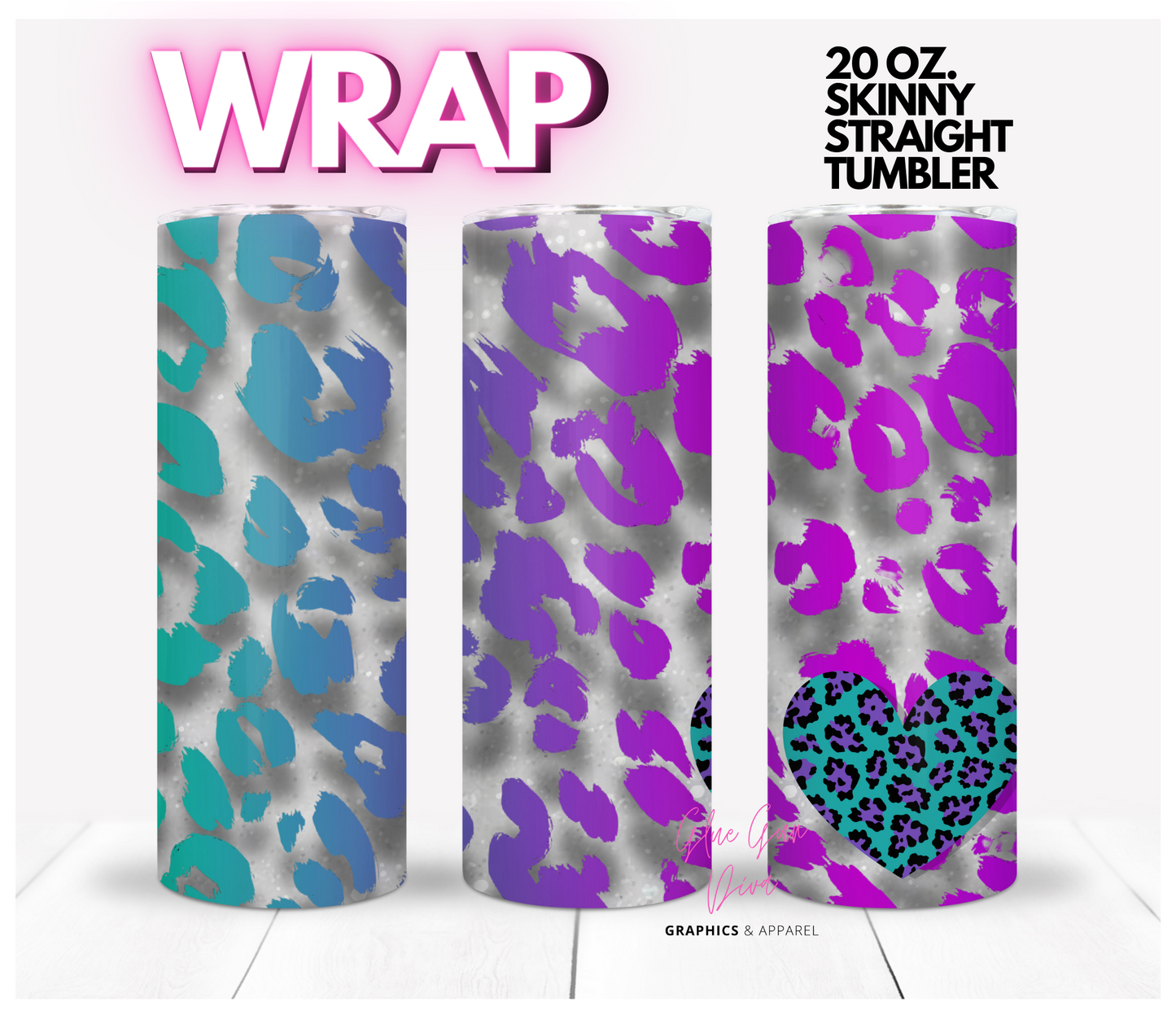 Ombre animal print heart - Digital tumbler wrap for 20 oz skinny straight tumbler