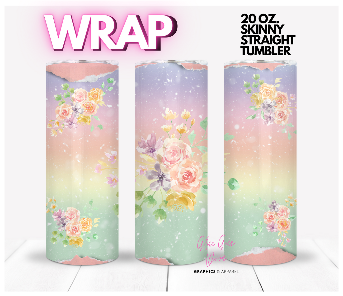 Pastel Roses Torn paper- Digital tumbler wrap for 20 oz skinny straight tumbler