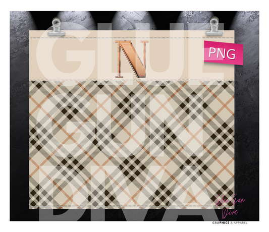 Letter N Plaid Canvas with Initial - Digital tumbler wrap for 20 oz skinny straight tumbler