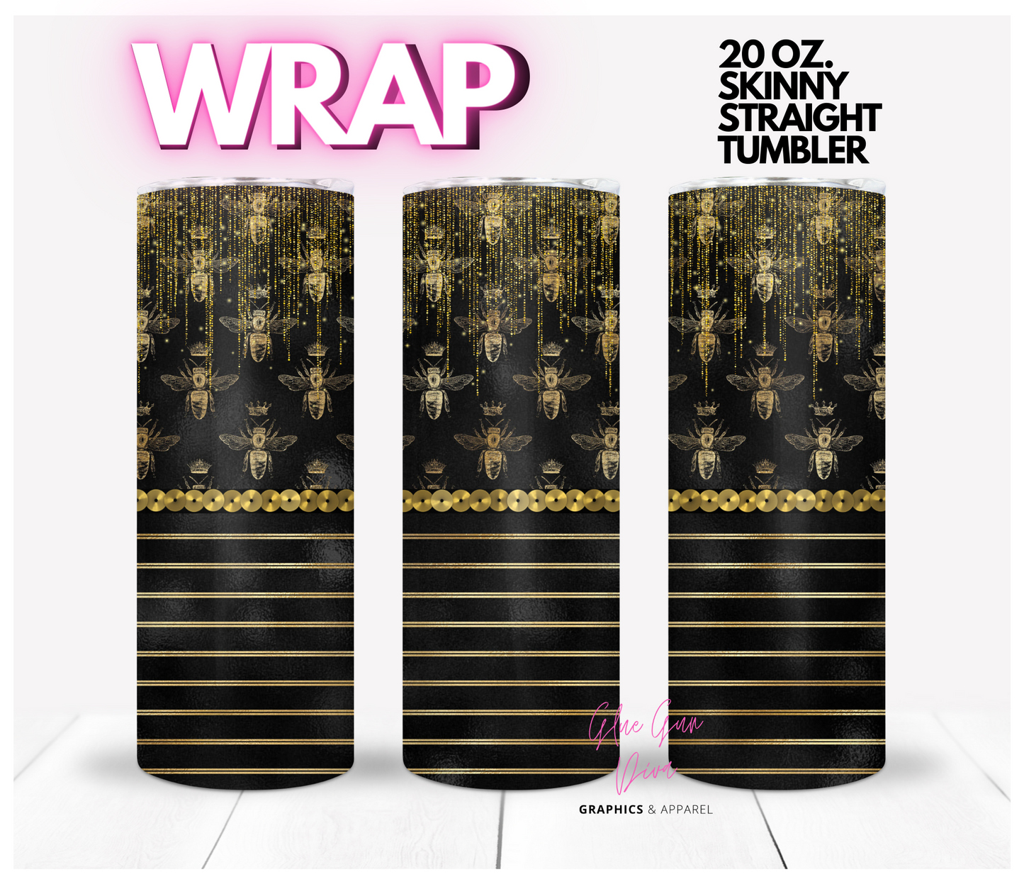 Golden Bees- Digital tumbler wrap for 20 oz skinny straight tumbler
