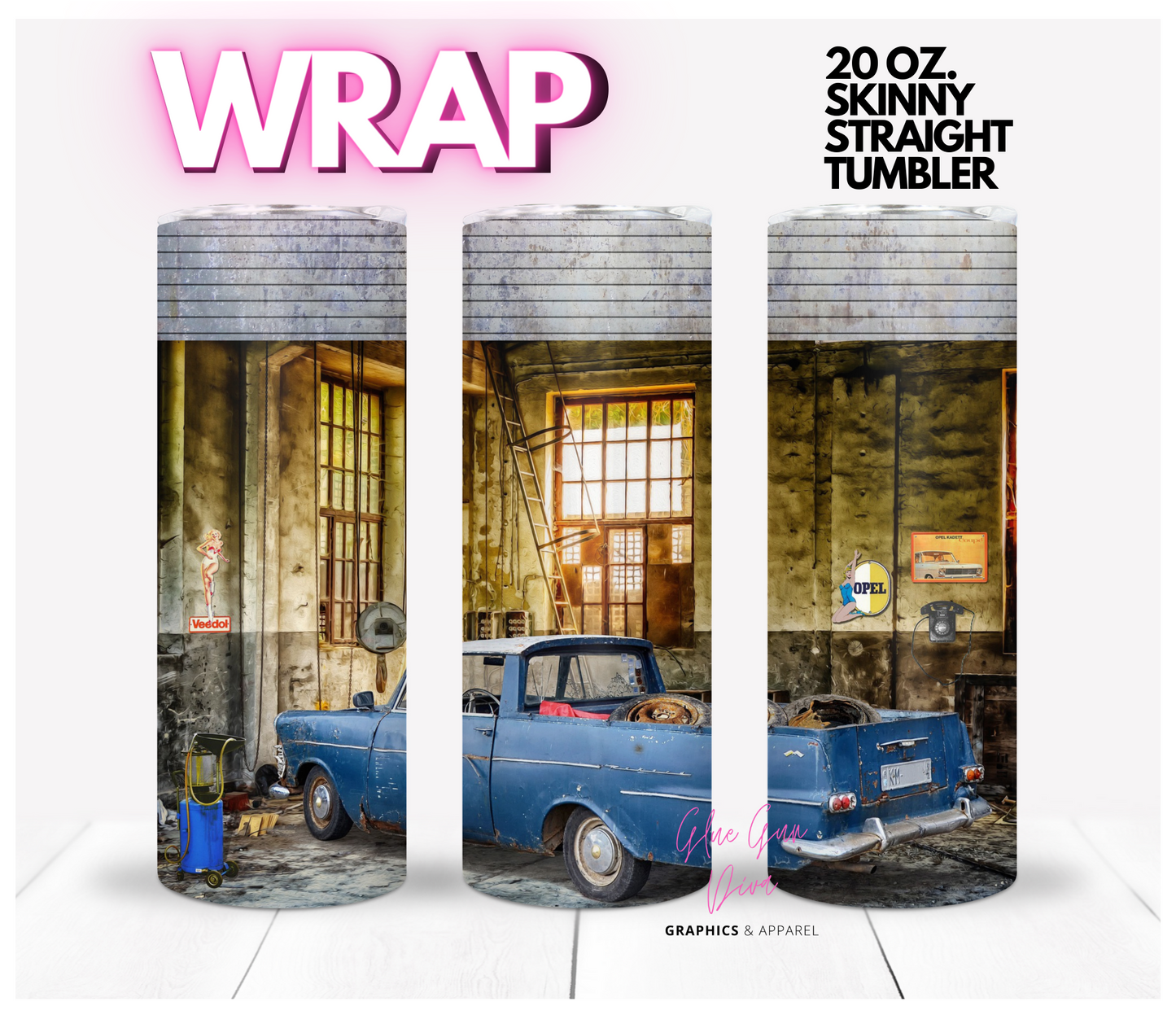 Vintage Garage -Digital tumbler wrap for 20 oz skinny straight tumbler