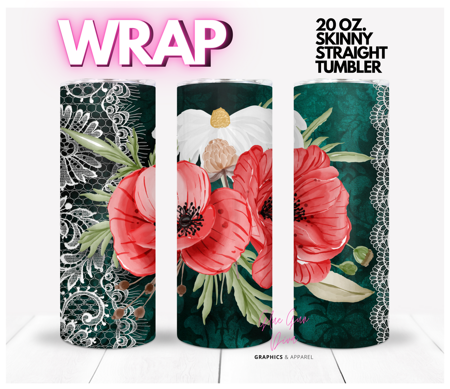 Lace Emerald green and flowers- Digital tumbler wrap for 20 oz skinny straight tumbler