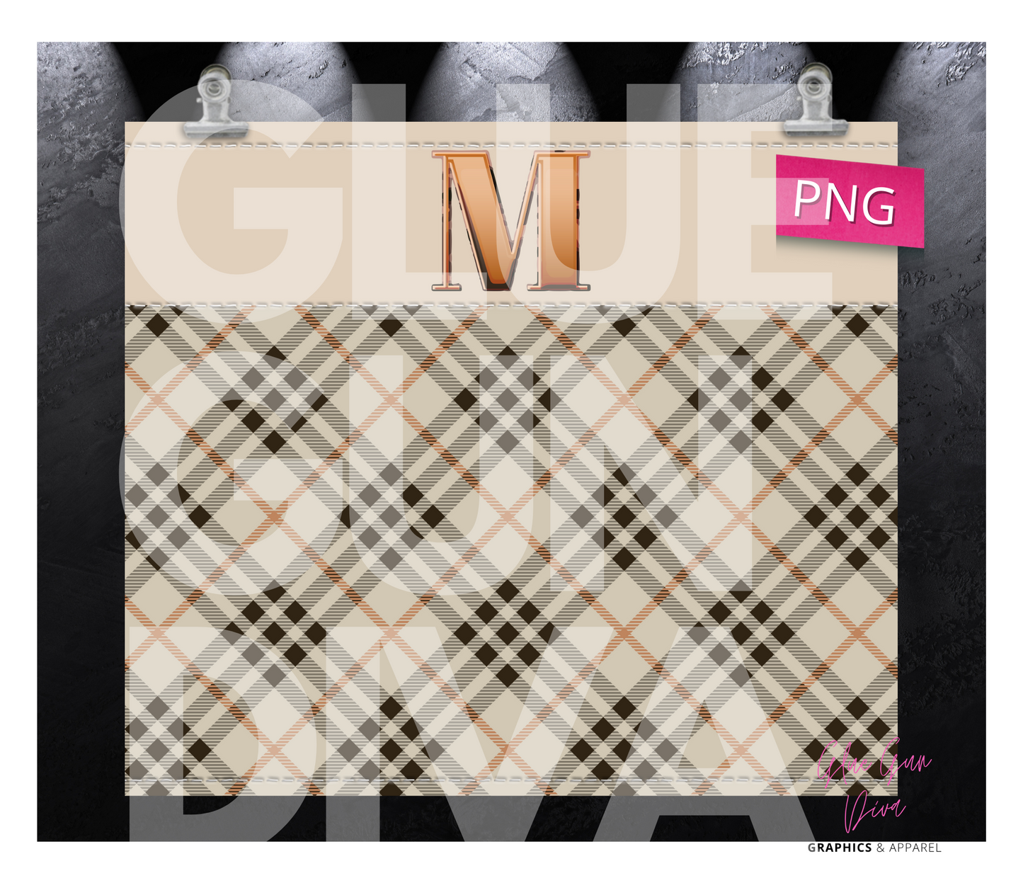 Letter M Plaid Canvas with Initial - Digital tumbler wrap for 20 oz skinny straight tumbler