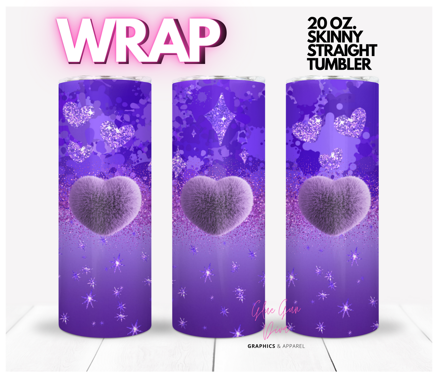 Purple Fuzzy Hearts - Digital tumbler wrap for 20 oz skinny straight tumbler