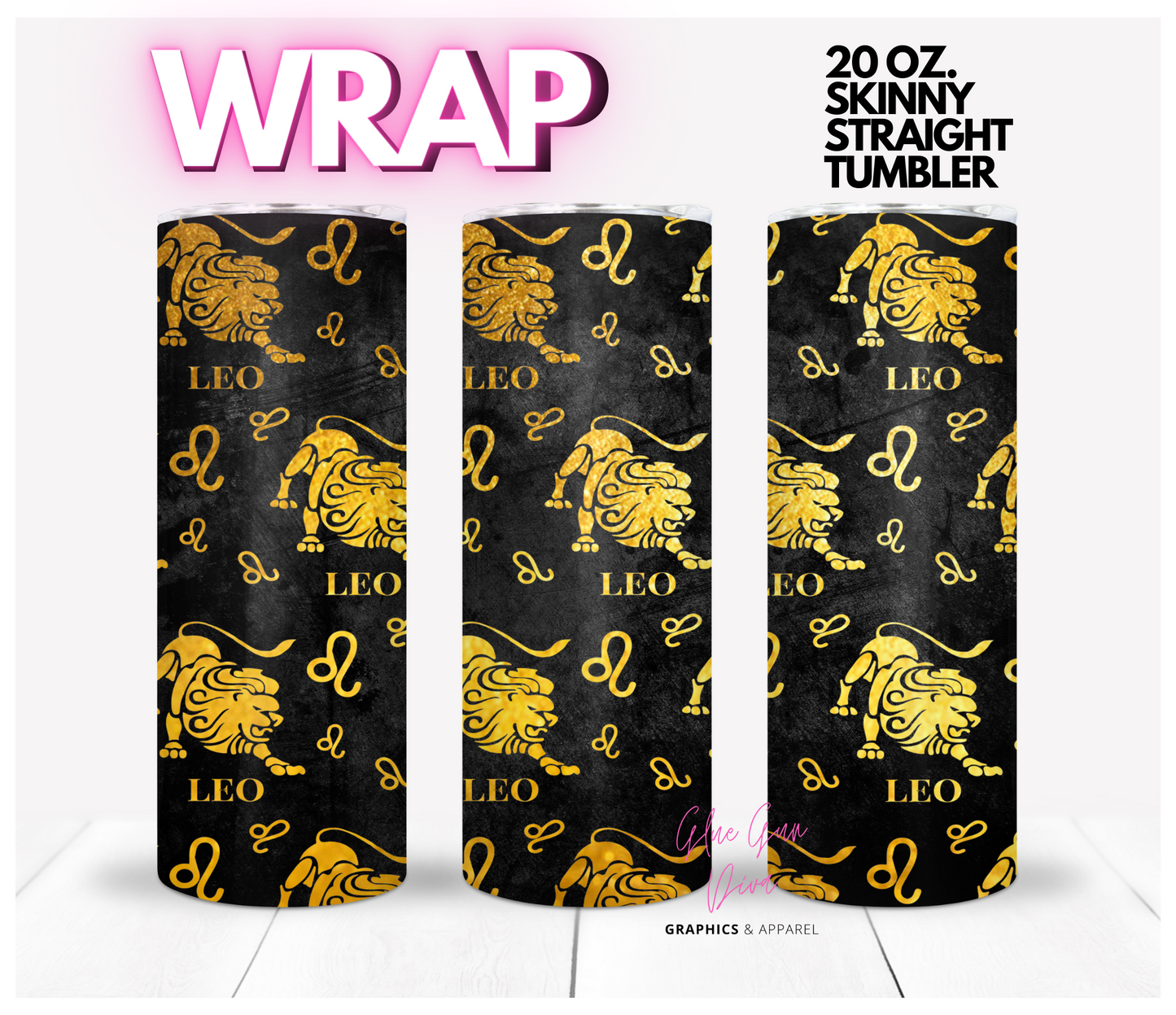 Leo Zodiac Sign Gold and Black- Digital tumbler wrap for 20 oz skinny straight tumbler
