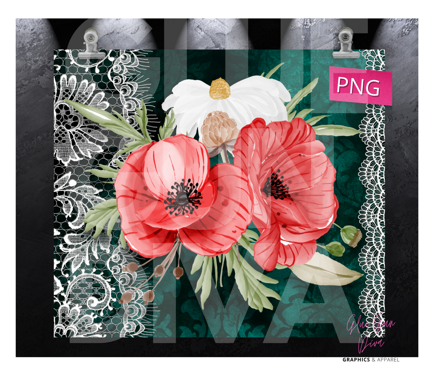 Lace Emerald green and flowers- Digital tumbler wrap for 20 oz skinny straight tumbler