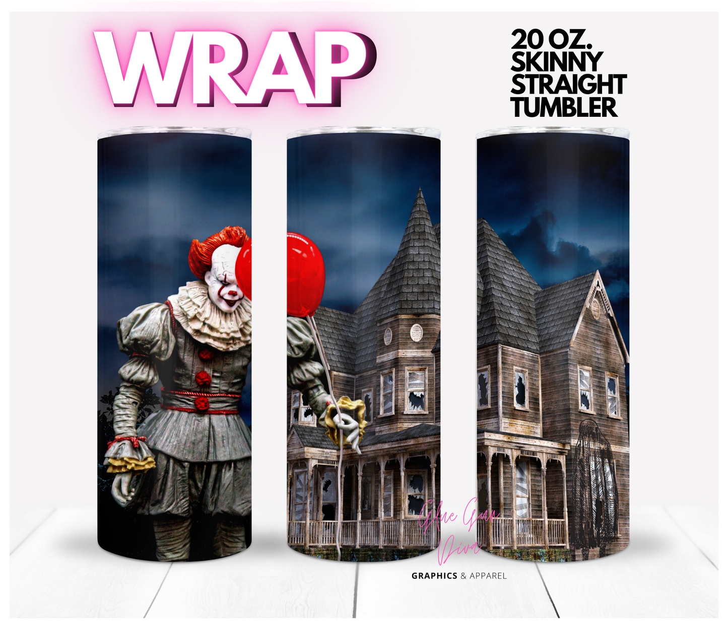 Red balloon Haunted House - Digital tumbler wrap for 20 oz skinny straight tumbler