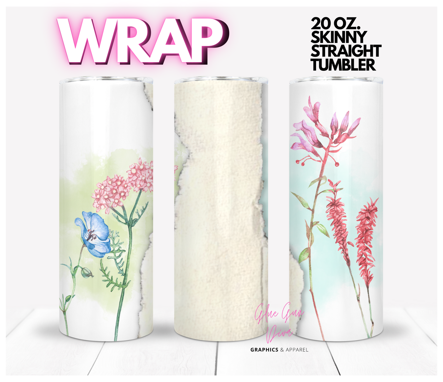 Flowers and Paper rip blank - Digital tumbler wrap for 20 oz skinny straight tumbler