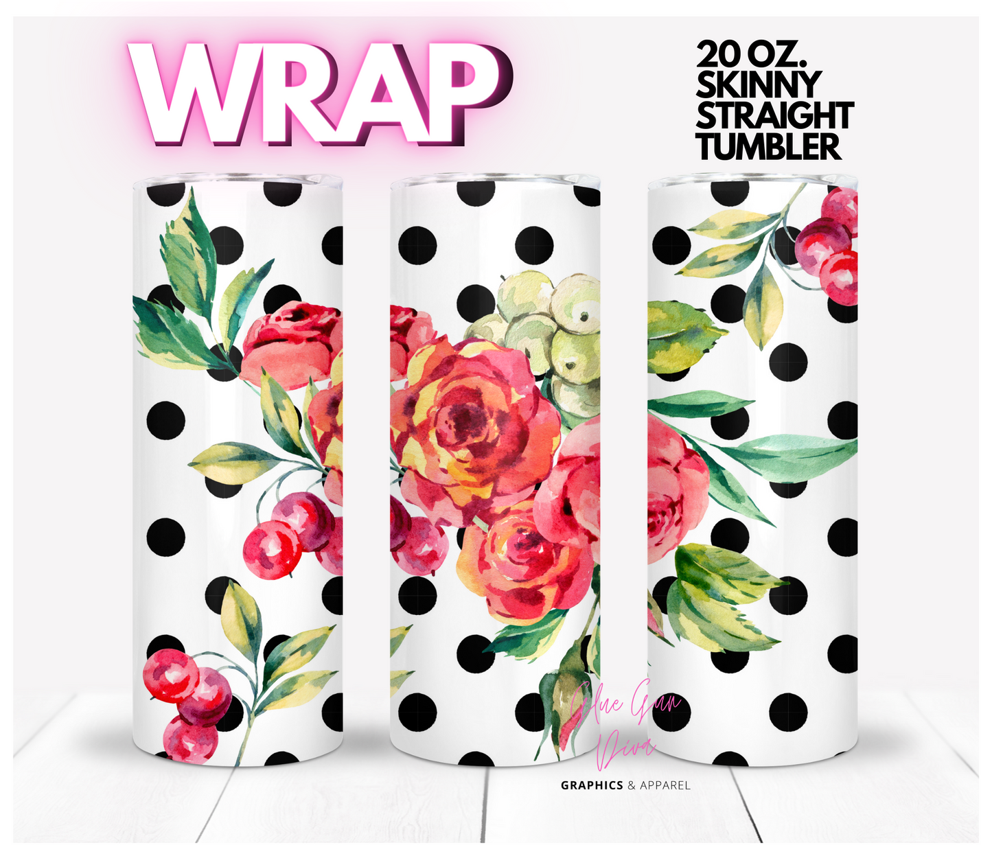 Polkadot Flowers- Digital tumbler wrap for 20 oz skinny straight tumbler