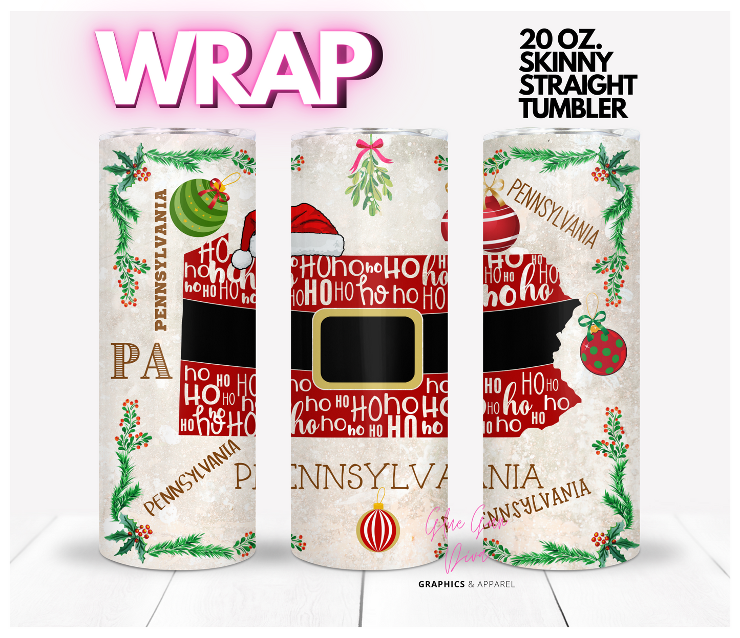 Pennsylvania HoHoHo - Digital tumbler wrap for 20 oz skinny straight tumbler