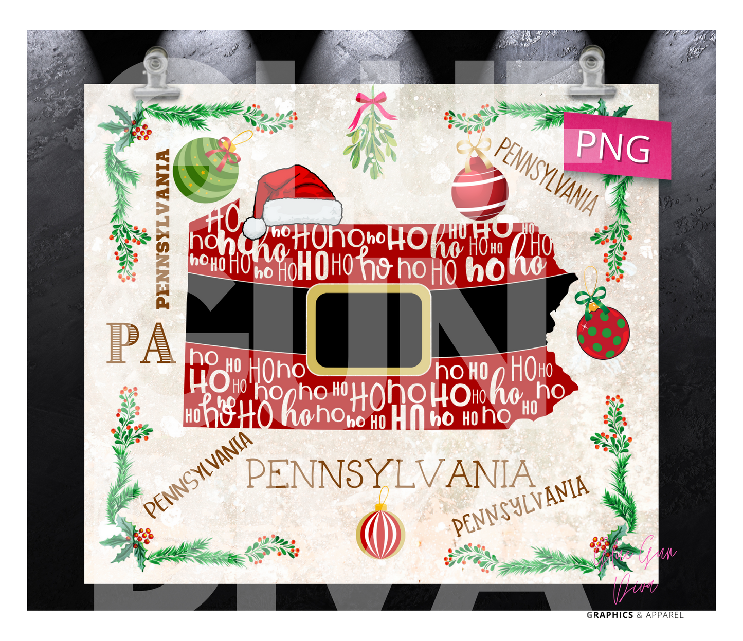 Pennsylvania HoHoHo - Digital tumbler wrap for 20 oz skinny straight tumbler