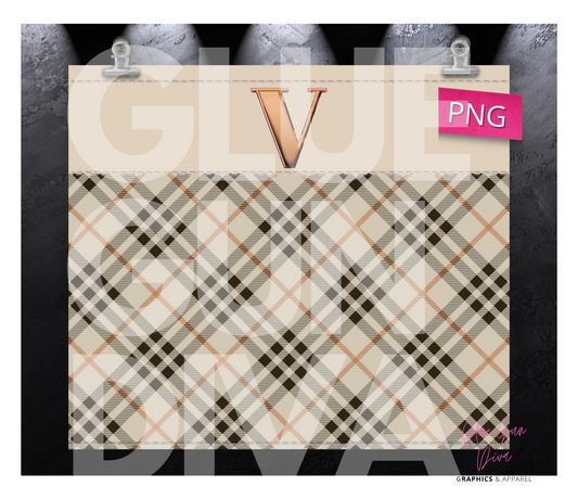 Letter V Plaid Canvas with Initial - Digital tumbler wrap for 20 oz skinny straight tumbler