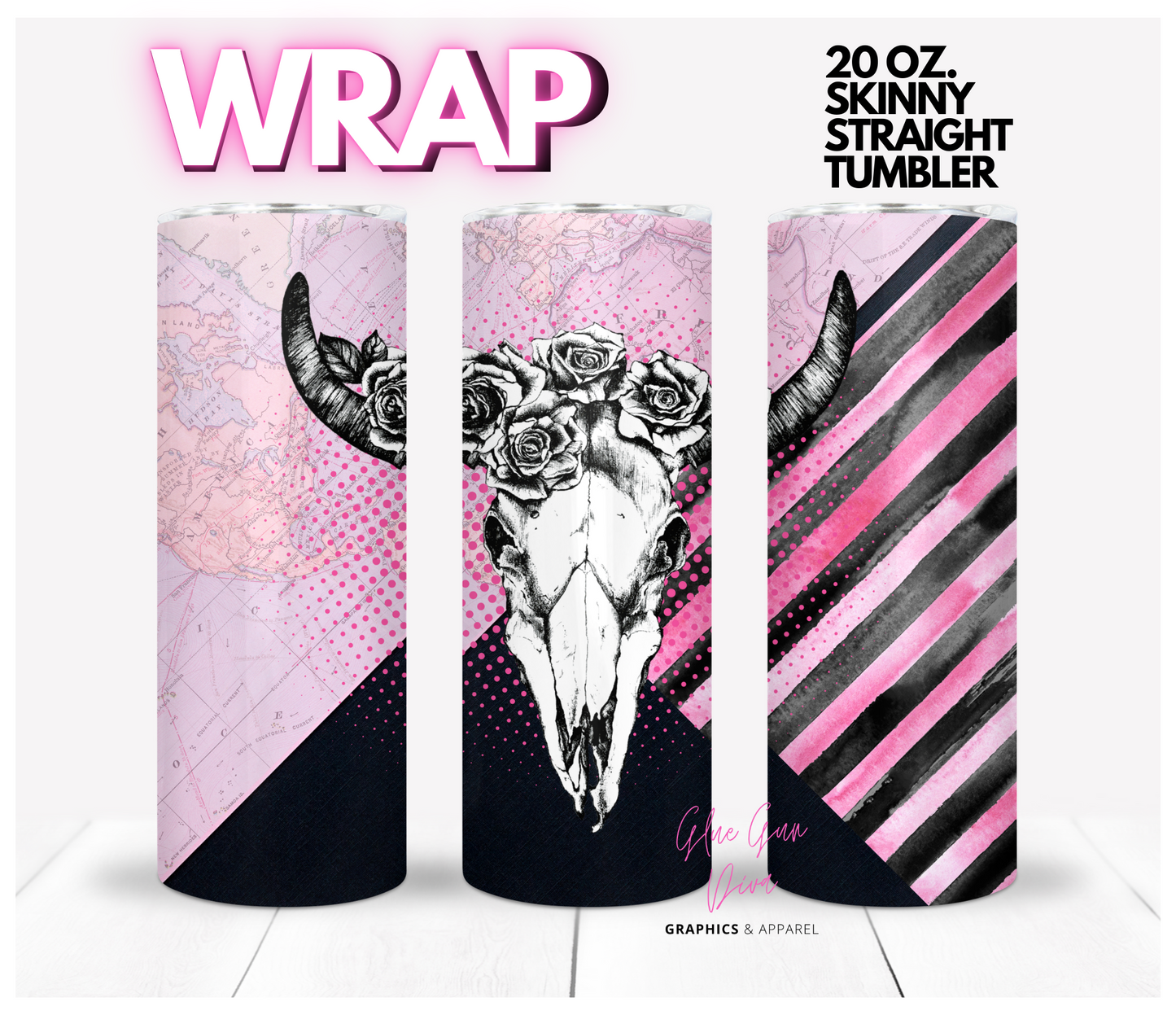 Pink and Cow Skull - Digital tumbler wrap for 20 oz skinny straight tumbler