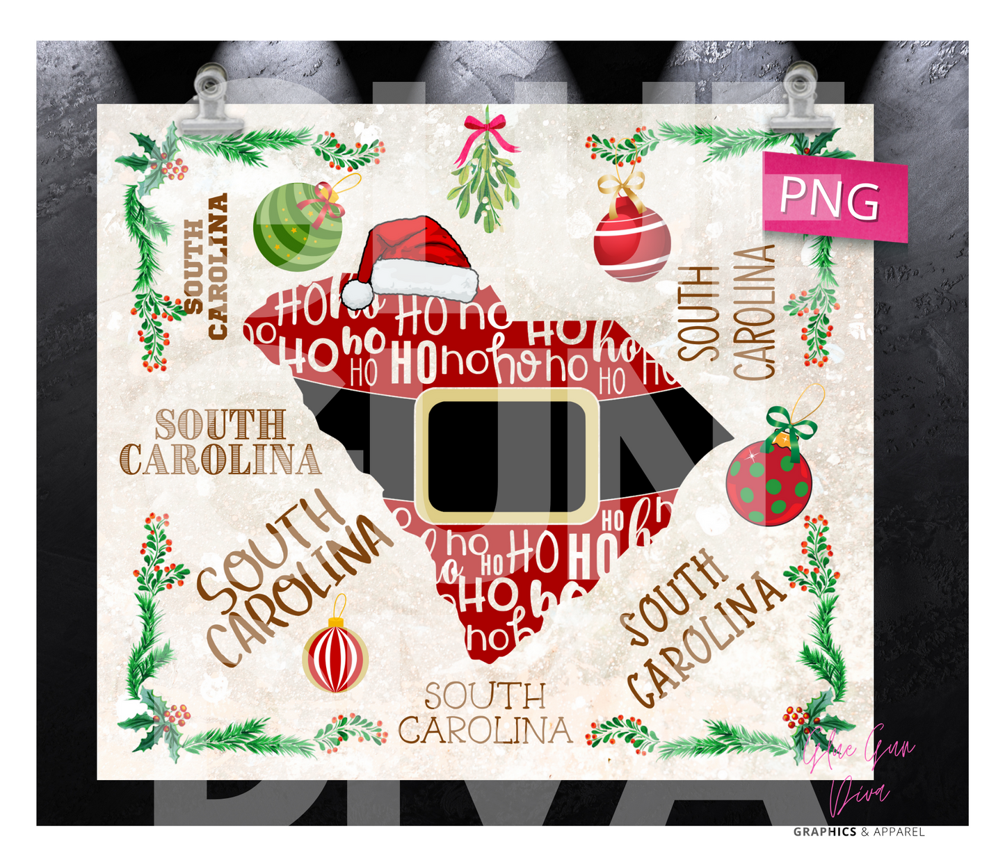 South Carolina HoHoHo - Digital tumbler wrap for 20 oz skinny straight tumbler