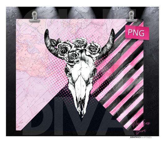 Pink and Cow Skull - Digital tumbler wrap for 20 oz skinny straight tumbler
