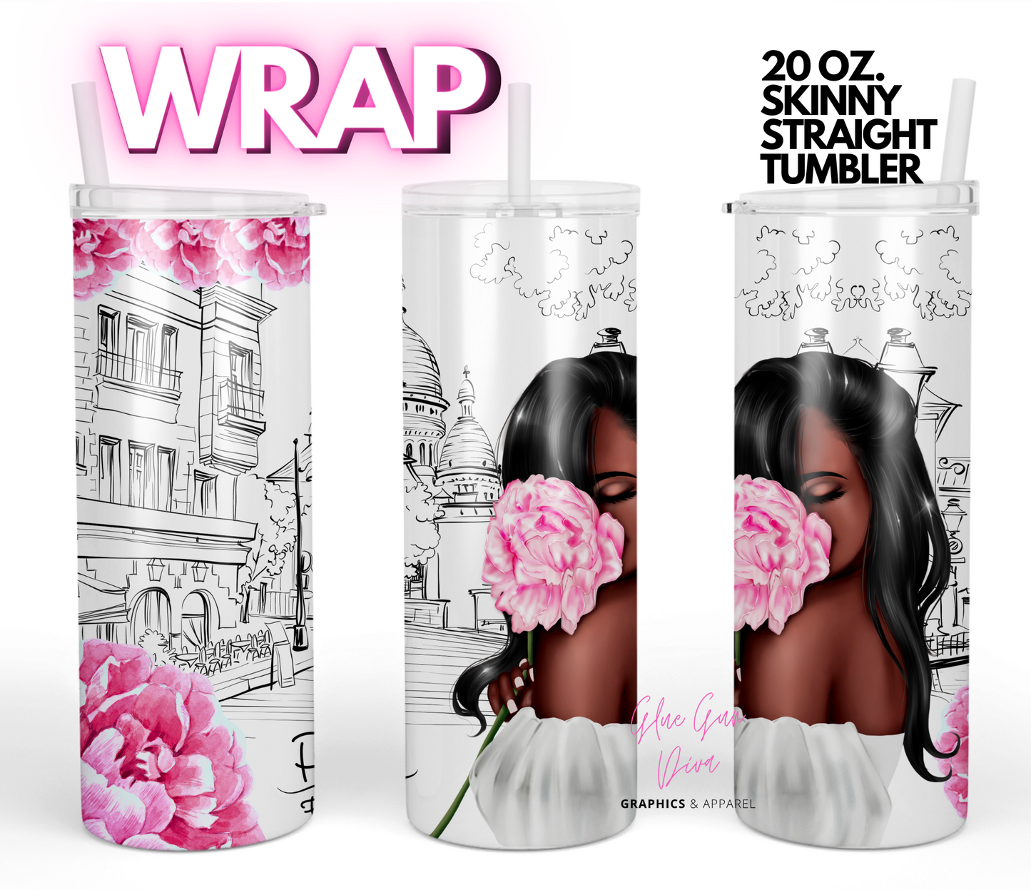Paris Girl Flower skin tone 2- Digital tumbler wrap for 20 oz skinny straight tumbler