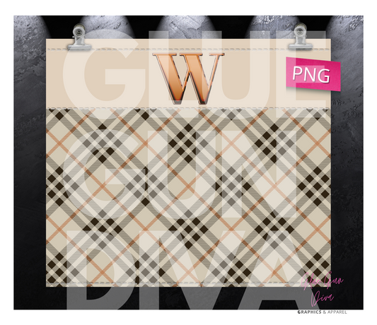 Letter W Plaid Canvas with Initial - Digital tumbler wrap for 20 oz skinny straight tumbler