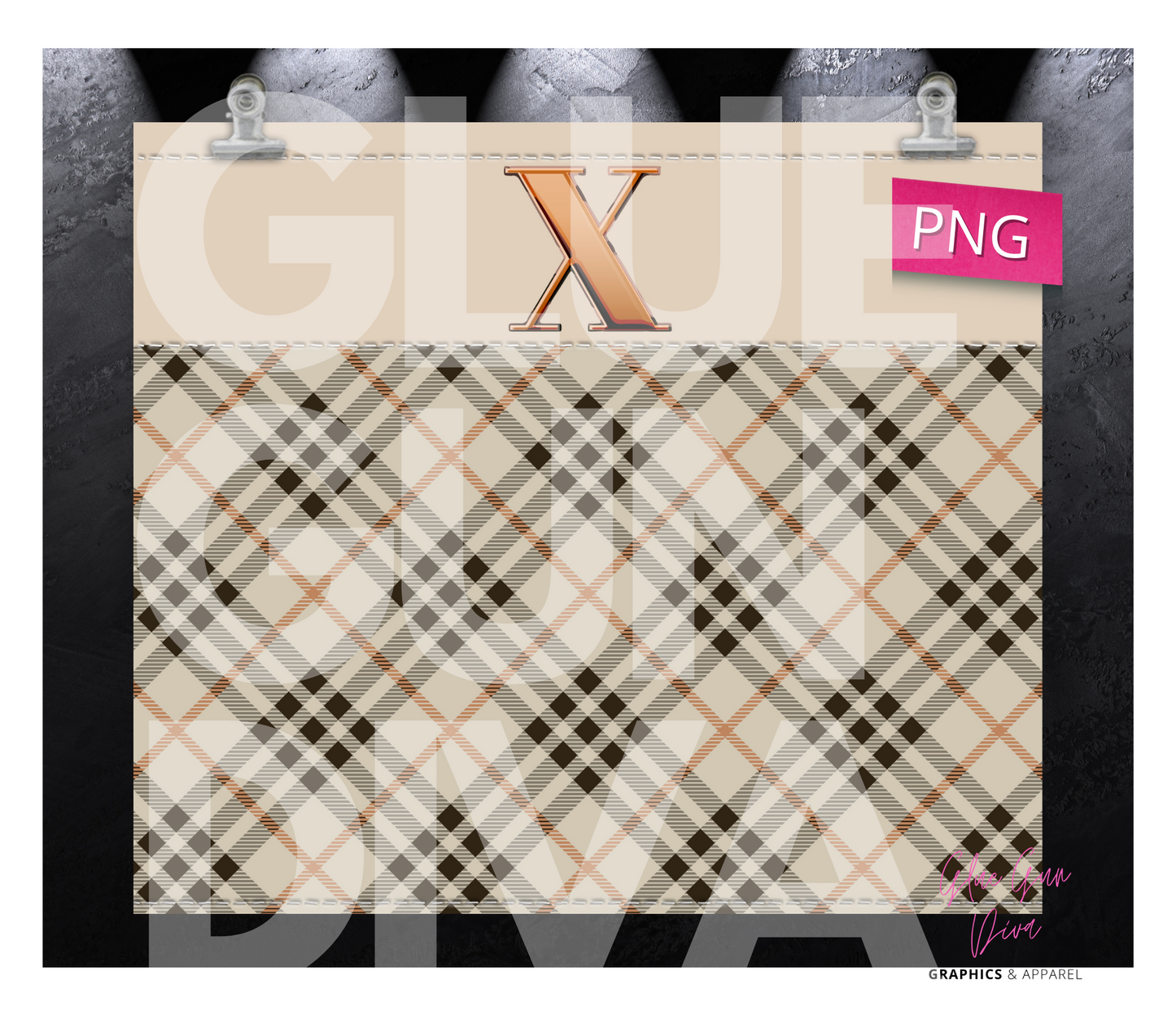 Letter X Plaid Canvas with Initial - Digital tumbler wrap for 20 oz skinny straight tumbler