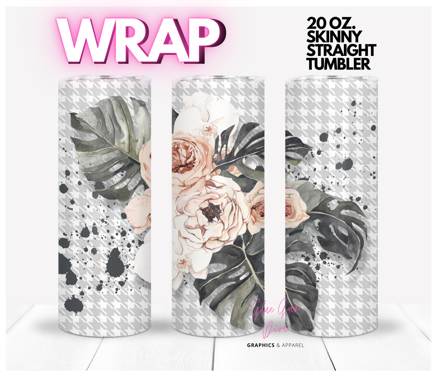 Grey houndstooth with Boho Flowers- Digital tumbler wrap for 20 oz skinny straight tumbler