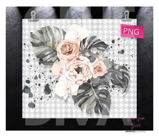 Grey houndstooth with Boho Flowers- Digital tumbler wrap for 20 oz skinny straight tumbler