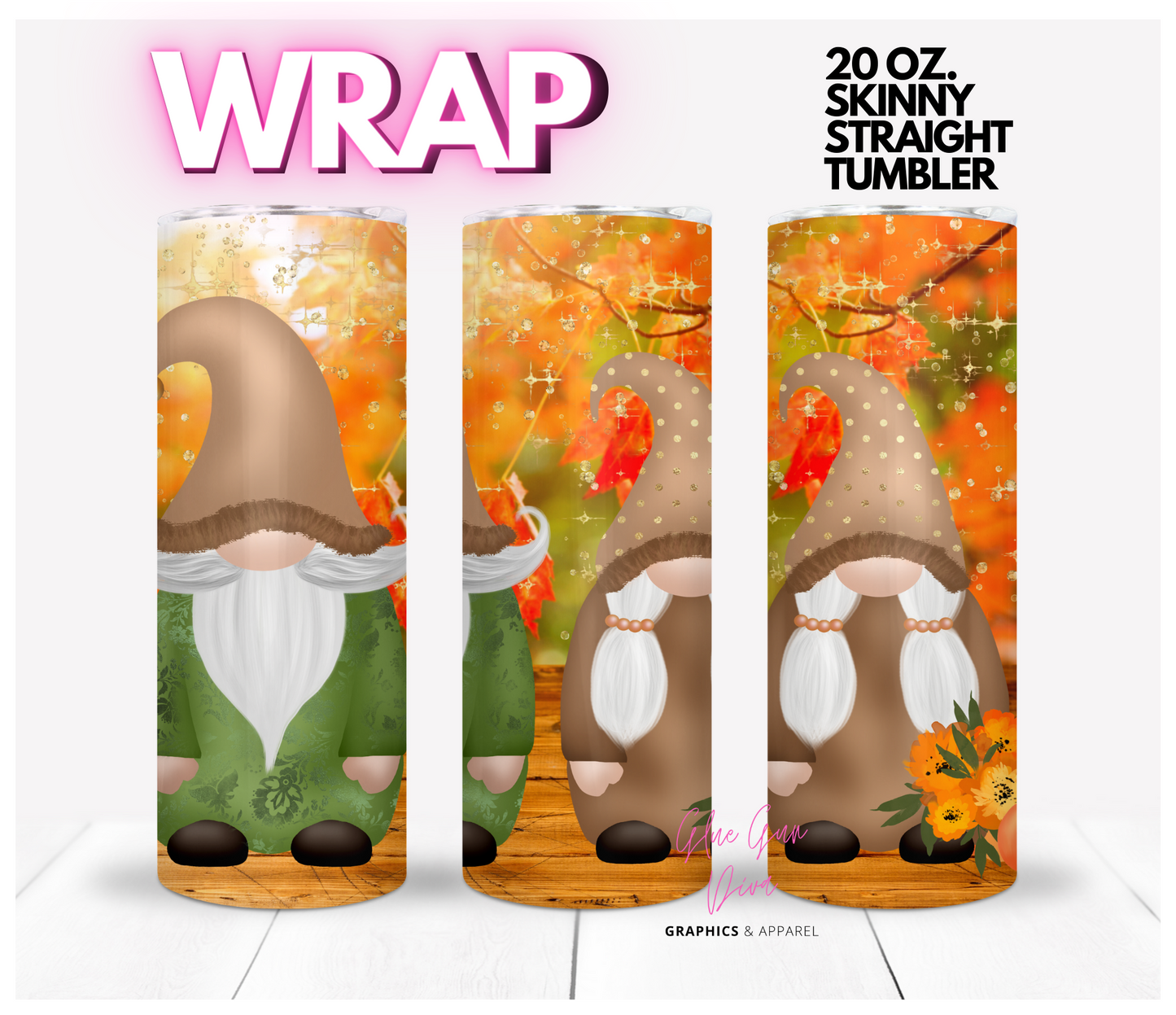 Fall Gnomes- Digital tumbler wrap for 20 oz skinny straight tumbler