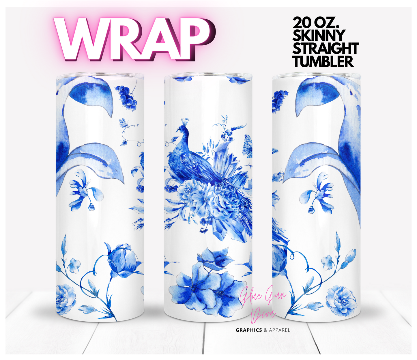 Blue and White Peacock - Digital tumbler wrap for 20 oz skinny straight tumbler