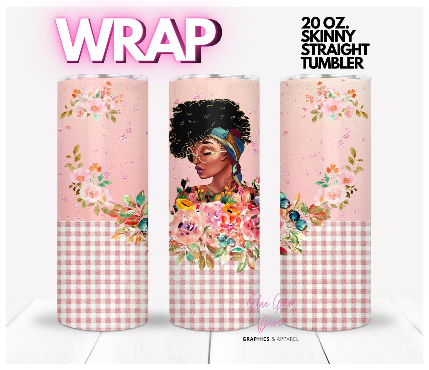 Girl with glasses and flowers - Digital tumbler wrap for 20 oz skinny straight tumbler