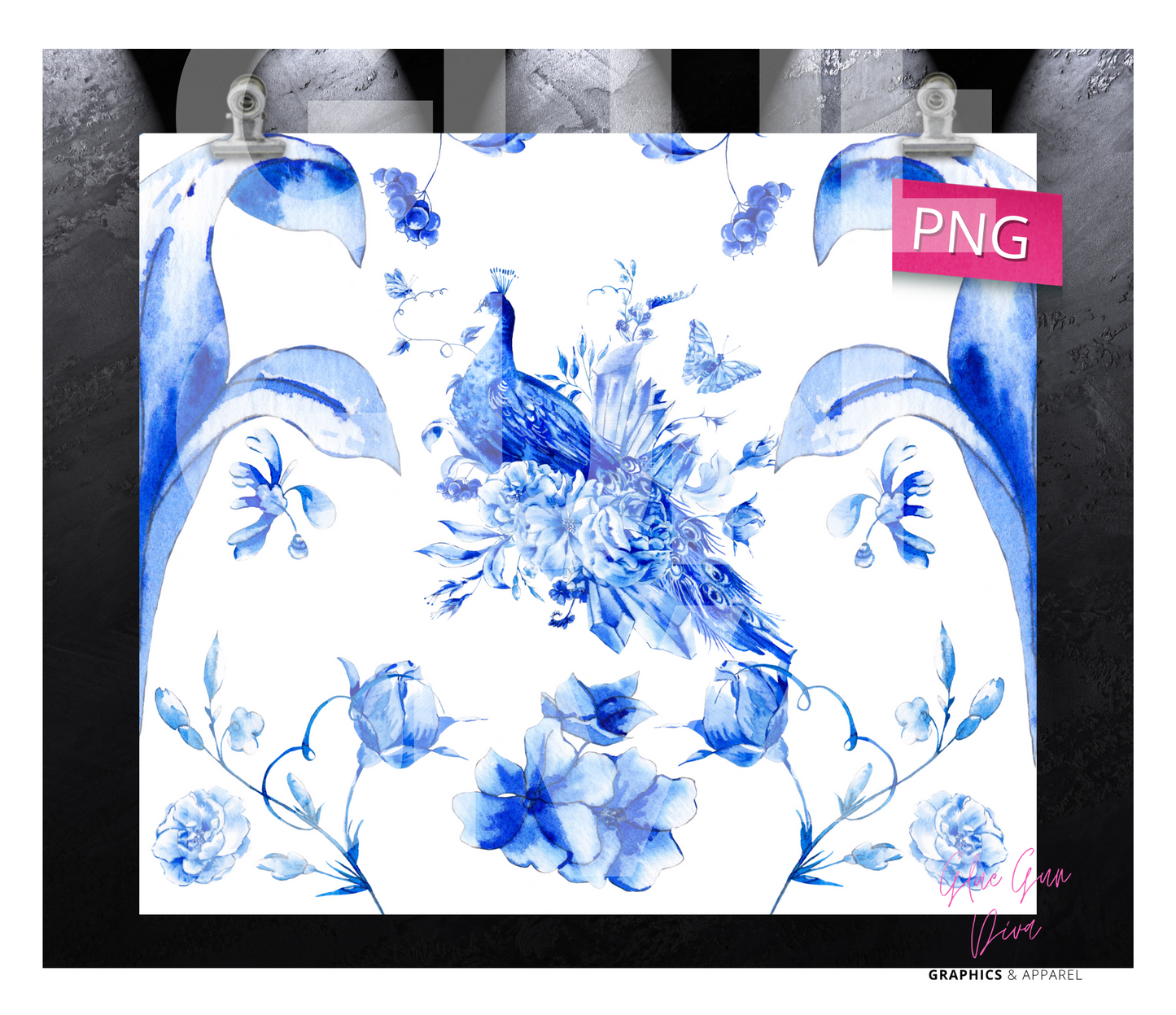 Blue and White Peacock - Digital tumbler wrap for 20 oz skinny straight tumbler