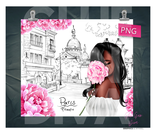 Paris Girl Flower skin tone 2- Digital tumbler wrap for 20 oz skinny straight tumbler