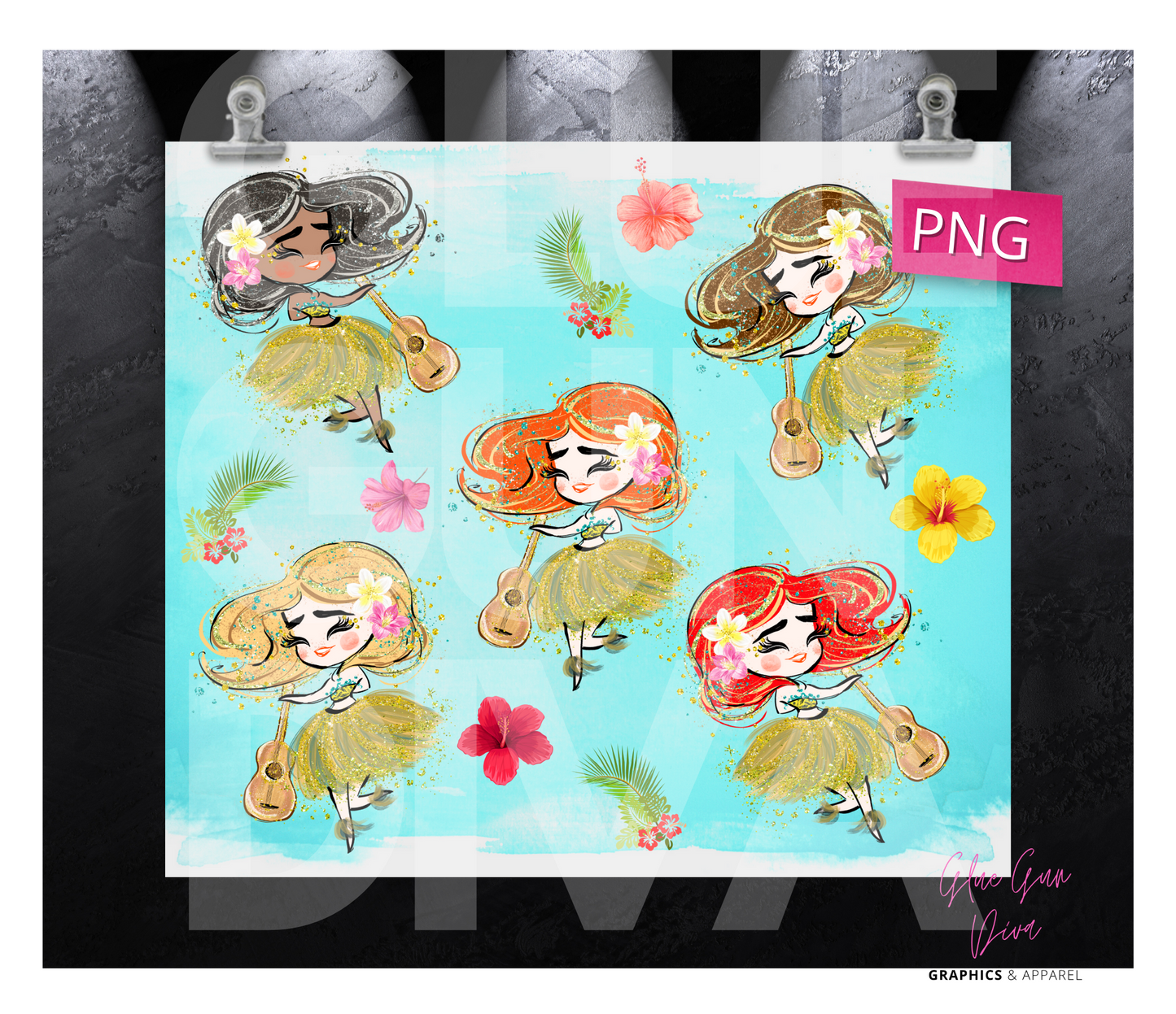 Hula Girls - Digital tumbler wrap for 20 oz skinny straight tumbler