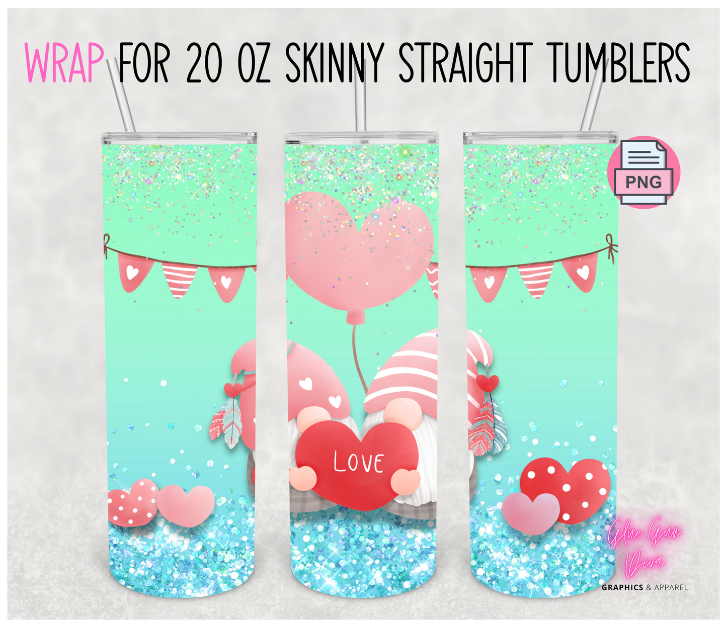 Teal Gnomes Love- Digital tumbler wrap for 20 oz skinny straight tumbler