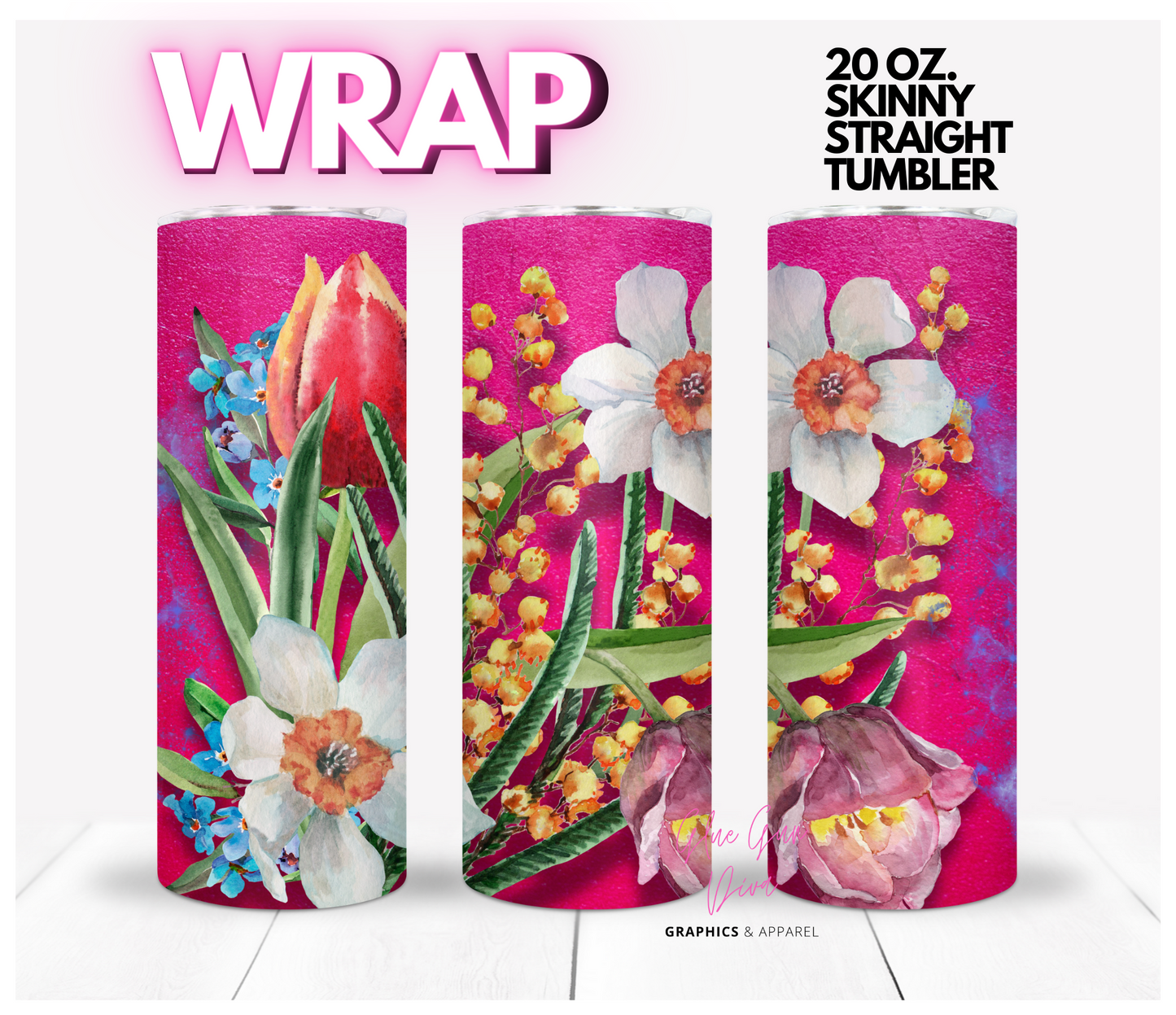 Hot Pink Flowers - Digital tumbler wrap for 20 oz skinny straight tumbler