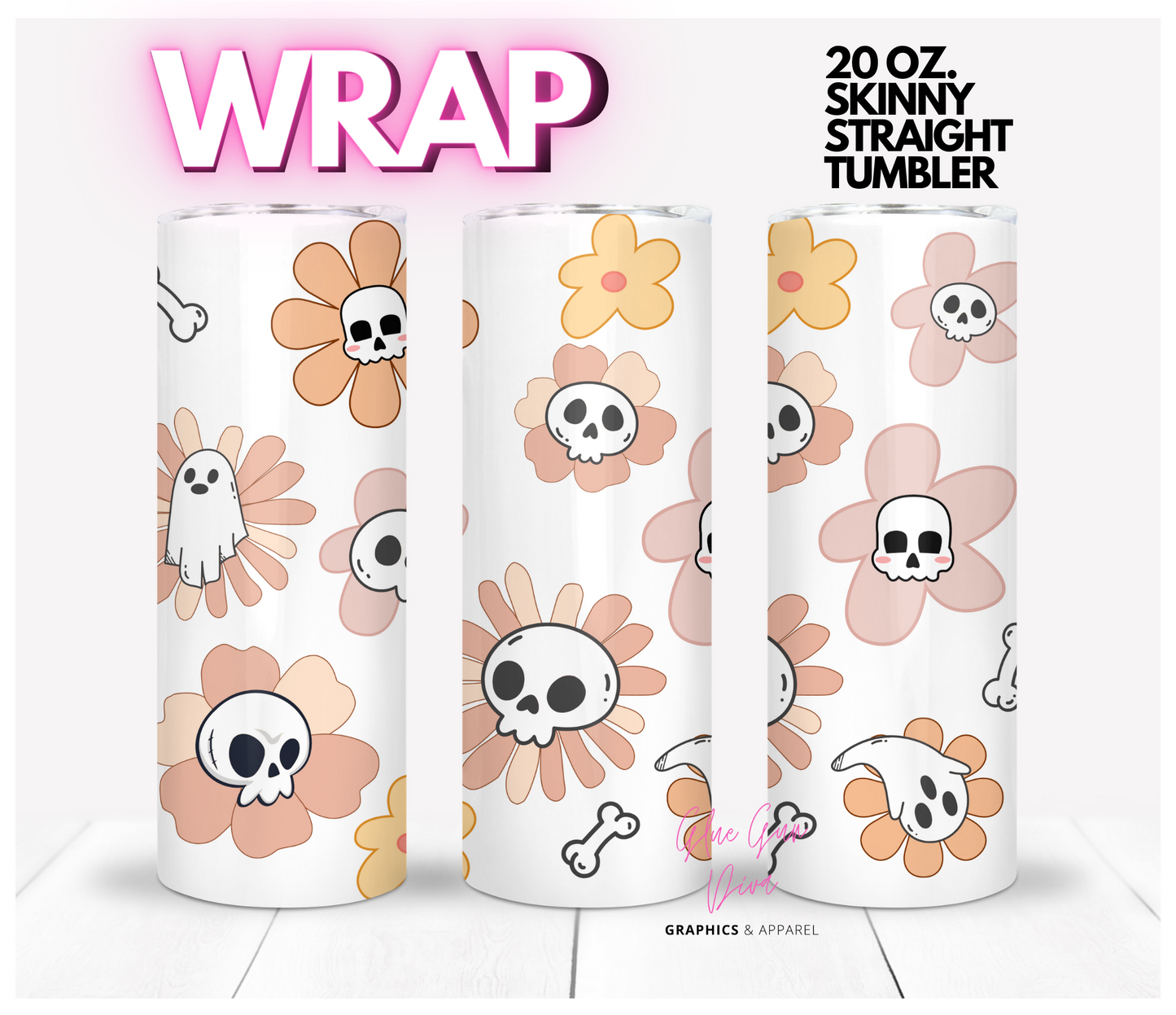 Retro Flowers and Skulls - Digital tumbler wrap for 20 oz skinny straight tumbler