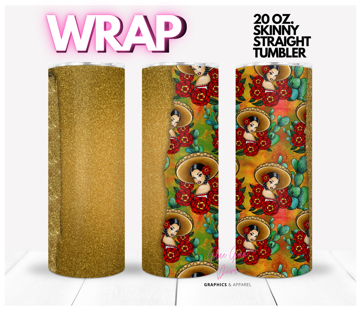 Rosita in Gold torn paper- Digital tumbler wrap for 20 oz skinny straight tumbler