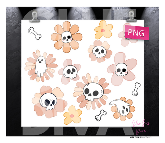 Retro Flowers and Skulls - Digital tumbler wrap for 20 oz skinny straight tumbler