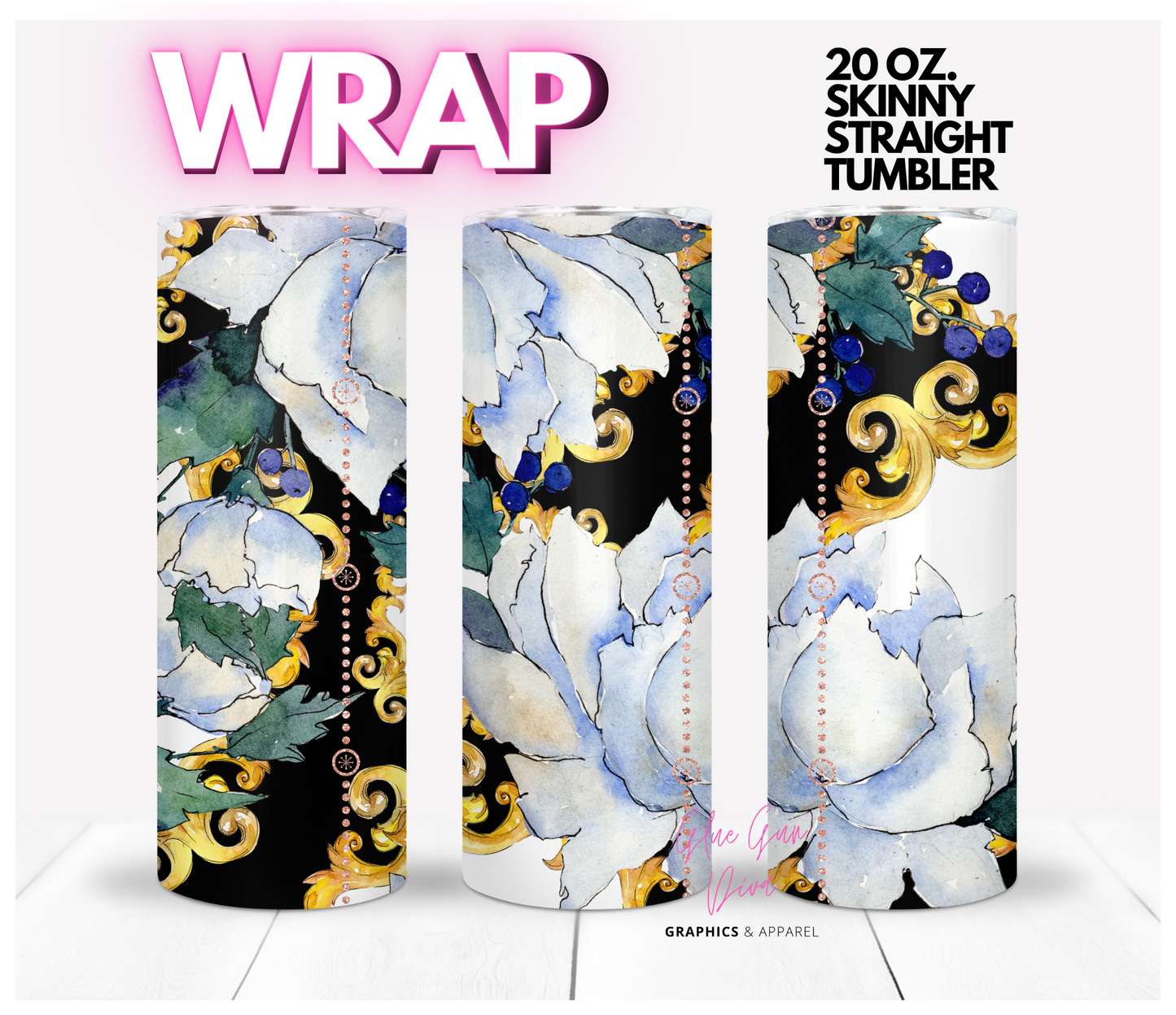 Flowers and Gold Fall- Digital tumbler wrap for 20 oz skinny straight tumbler