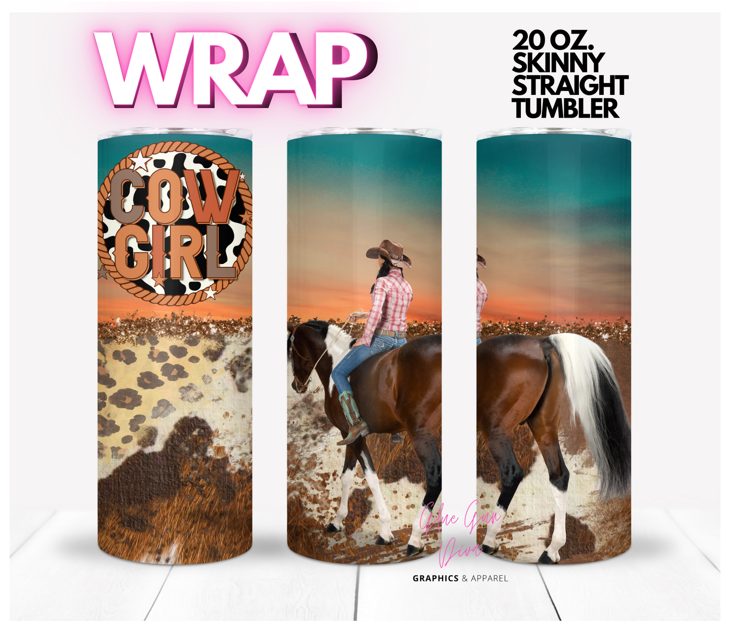 CowGirl Horse Sunset - Digital tumbler wrap for 20 oz skinny straight tumbler