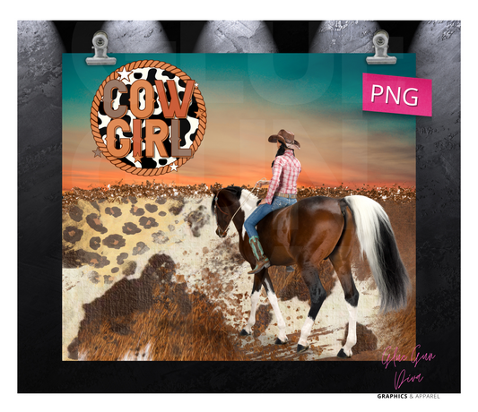 CowGirl Horse Sunset - Digital tumbler wrap for 20 oz skinny straight tumbler