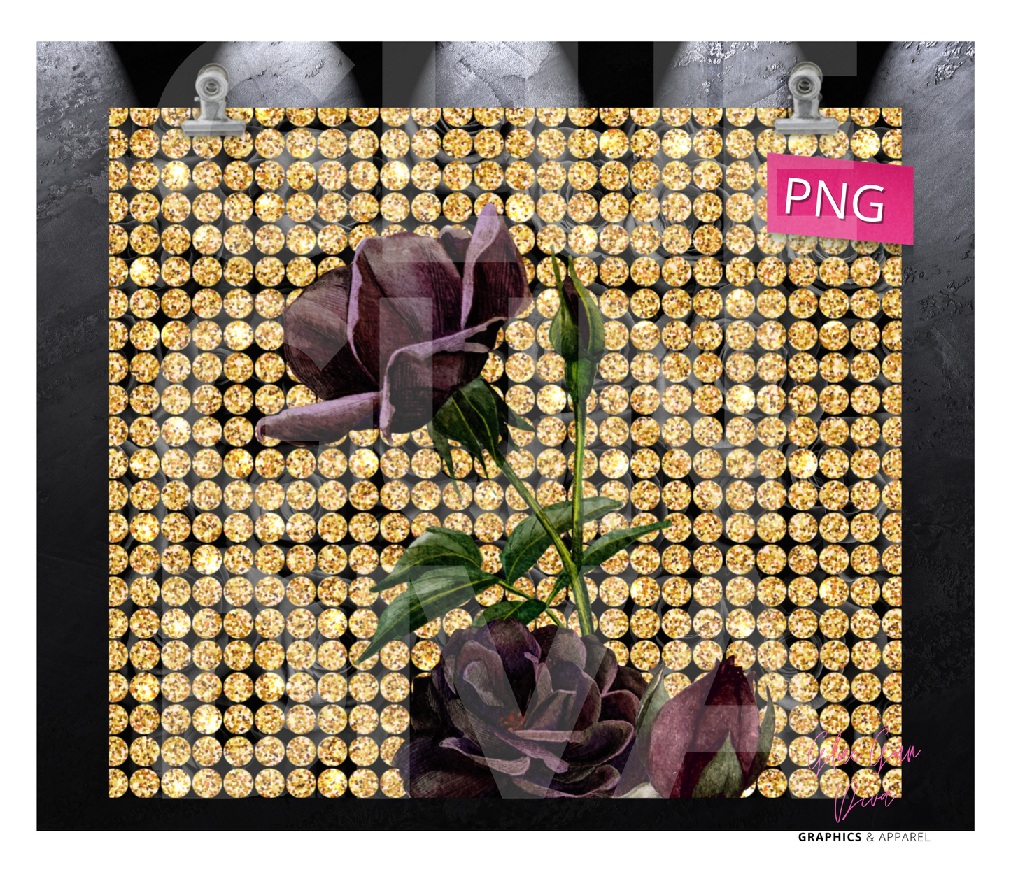 Gold Rhinestone and Dark Roses - Digital tumbler wrap for 20 oz skinny straight tumbler
