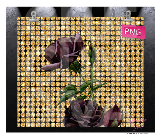 Gold Rhinestone and Dark Roses - Digital tumbler wrap for 20 oz skinny straight tumbler