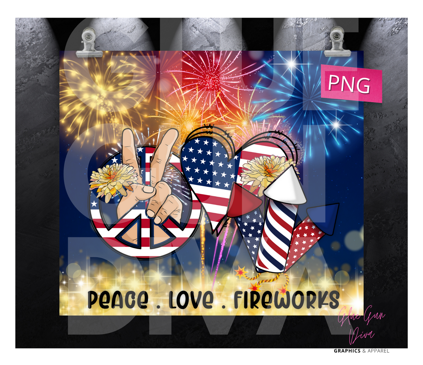 Peace Love Fireworks- Digital tumbler wrap for 20 oz skinny straight tumbler